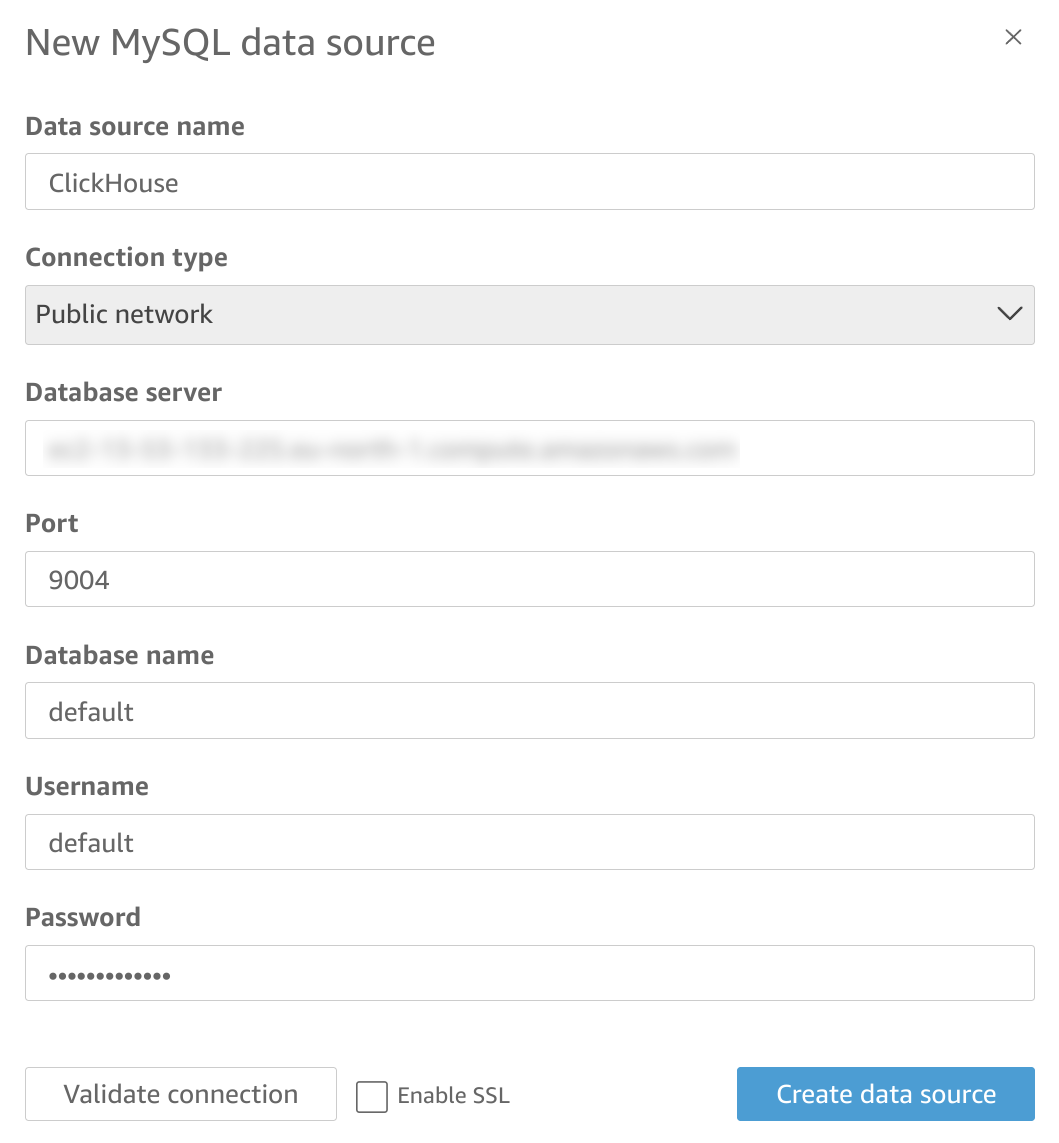 Форма настройки подключения MySQL в QuickSight с полями hostname, port, database и credentials