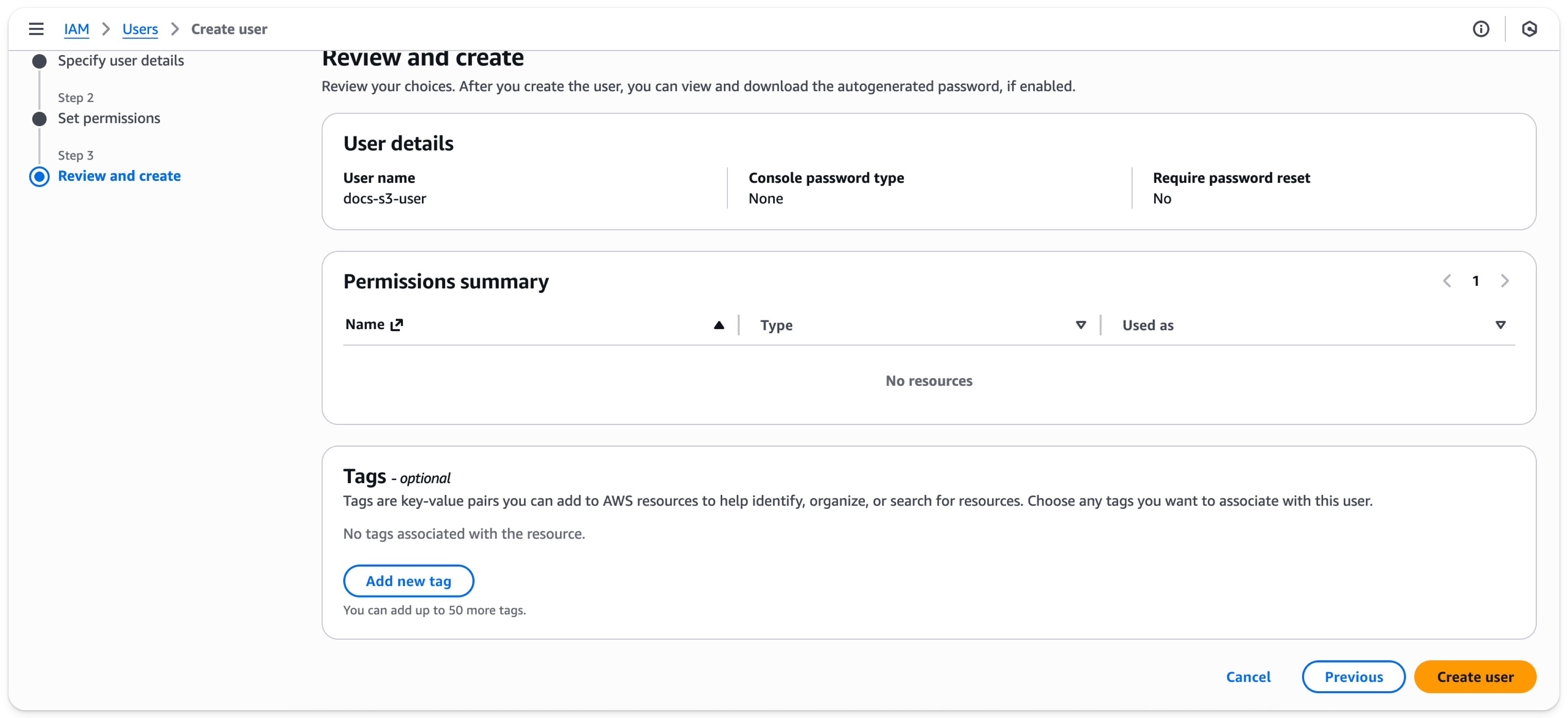 AWS IAM Management Console - Добавление нового пользователя