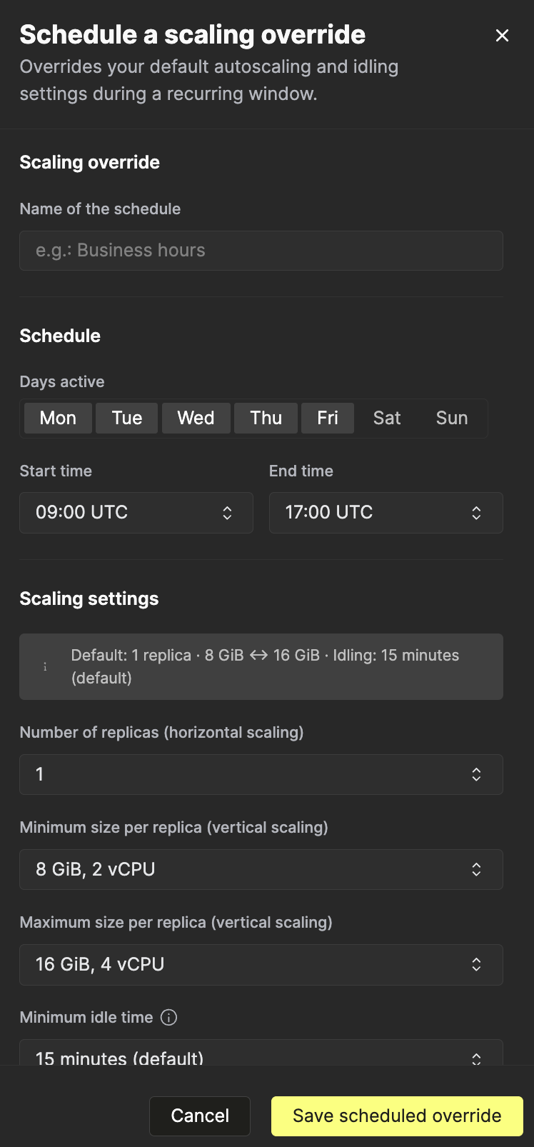 Интерфейс Scaling Schedules в ClickHouse Cloud с правилами масштабирования по времени