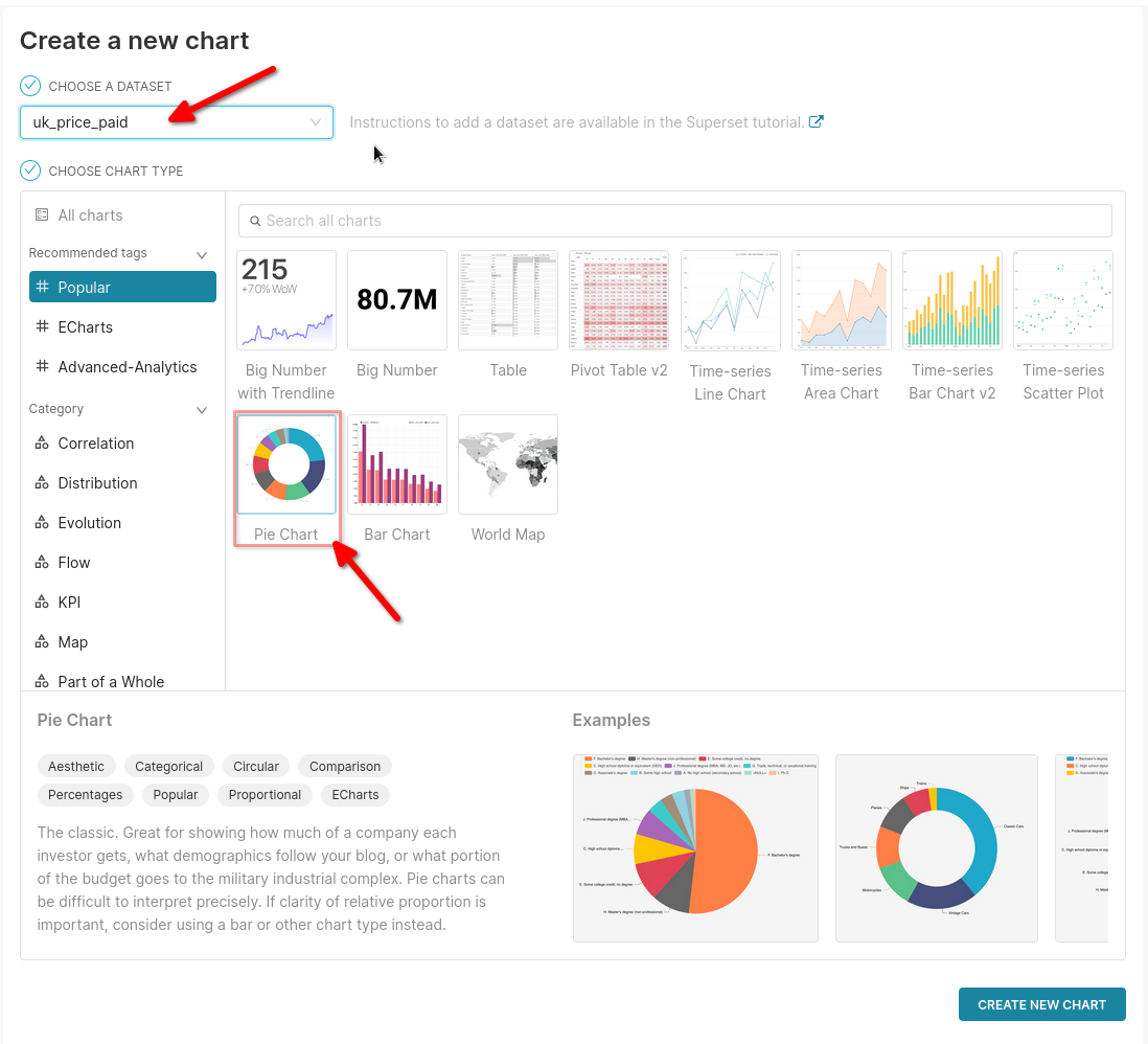 Интерфейс создания графика Superset с выбранным типом визуализации Pie Chart